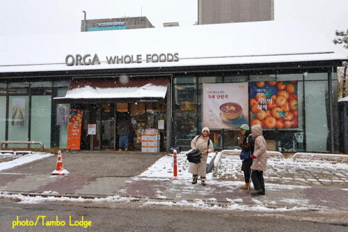 雪の中、ホールフードショップの「ORGA」本店で食材の爆買い